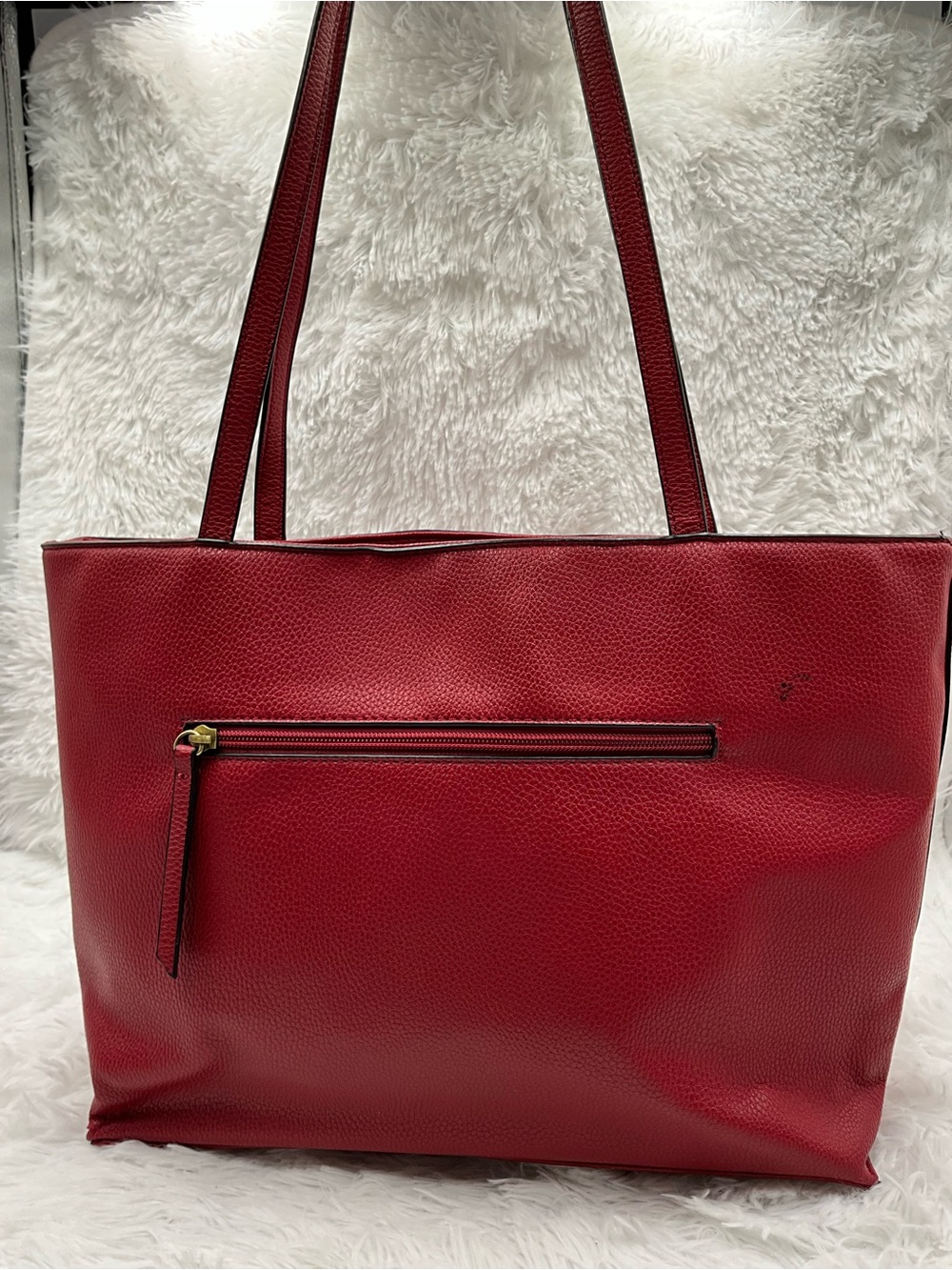 MATHEW & JULIAN Red Pebbled Faux Leather Tote Inside & Front Zip Pocket